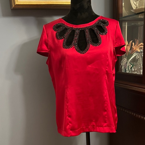 Tops - Elegant Red Satin Top with Black Beaded Detail